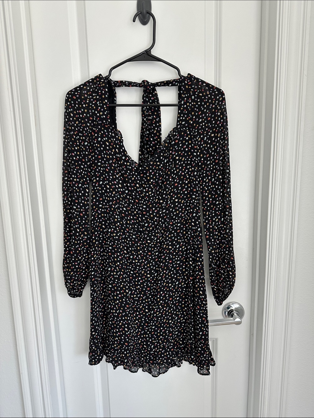 Reformation Black Long-Sleeve Mini Dress with Multi-Color Dot Print